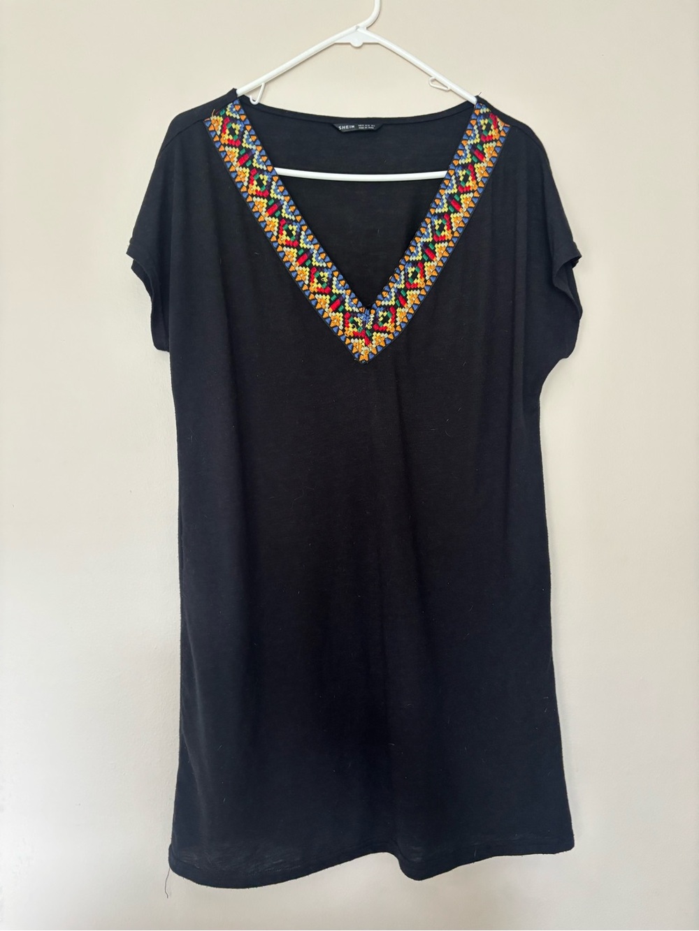 SHEIN Black V-Neck Tunic with Colorful Beaded Trim